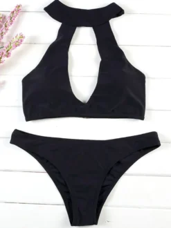 Deux Pièces Maillots de Bains Femmes Etés Sexy Taille Haute avec Bretelles à Col Rond Ouvert sur Devant Unicolore