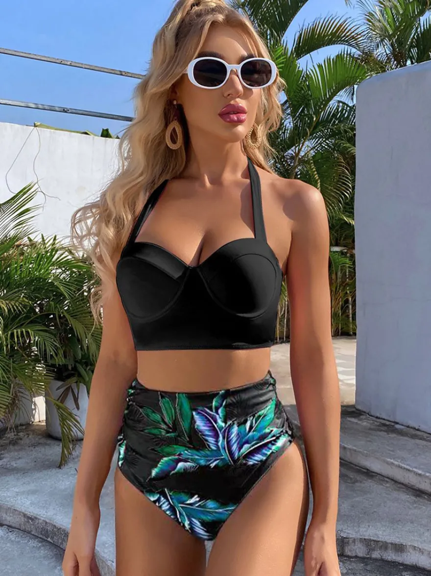 Deux pièces Vintage maillots de bain rose imprimé motif à lacets col carré dos nu été plage maillots de bain pour les femmes