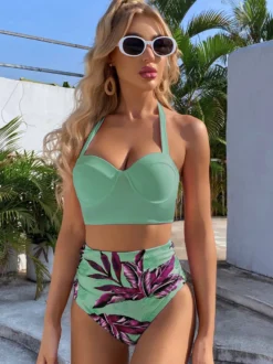 Deux pièces Vintage maillots de bain rose imprimé motif à lacets col carré dos nu été plage maillots de bain pour les femmes