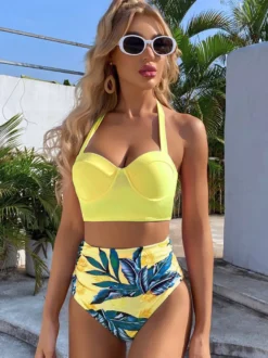 Deux pièces Vintage maillots de bain rose imprimé motif à lacets col carré dos nu été plage maillots de bain pour les femmes