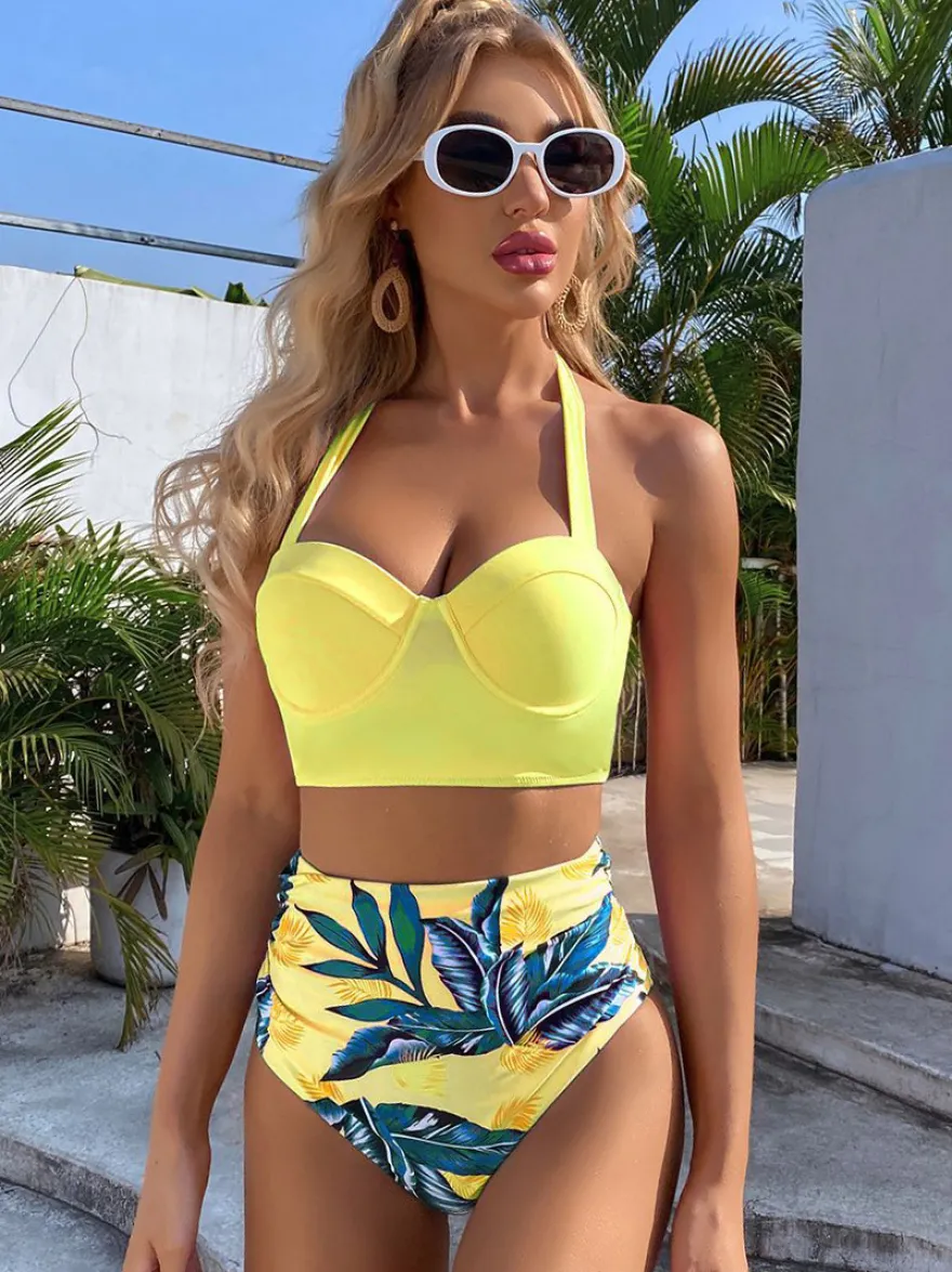 Deux pièces Vintage maillots de bain rose imprimé motif à lacets col carré dos nu été plage maillots de bain pour les femmes