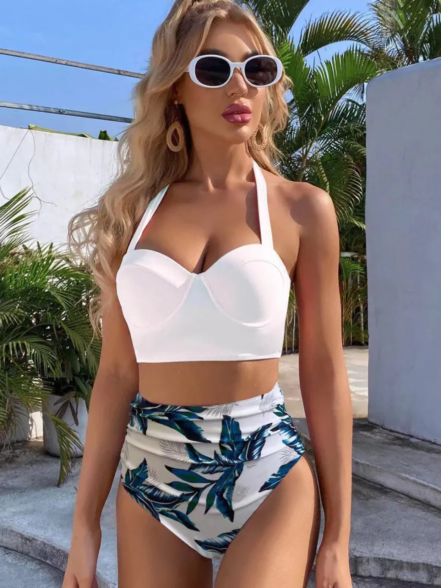 Deux pièces Vintage maillots de bain rose imprimé motif à lacets col carré dos nu été plage maillots de bain pour les femmes
