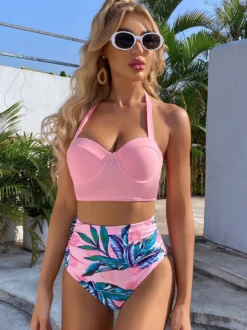 Deux pièces Vintage maillots de bain rose imprimé motif à lacets col carré dos nu été plage maillots de bain pour les femmes