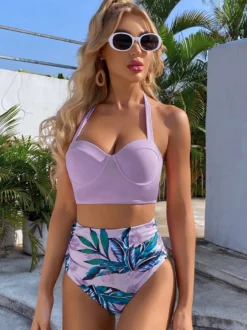 Deux pièces Vintage maillots de bain rose imprimé motif à lacets col carré dos nu été plage maillots de bain pour les femmes