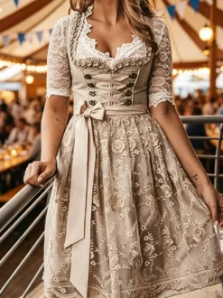 Déguisements Oktoberfest pour femmes - Robe Dirndl Midi Rose - Grandes Tailles