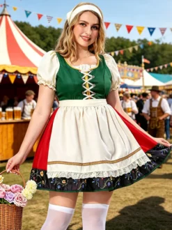 Déguisements pour l'Oktoberfest : robe Dirndl mi-longue pour femme costume de fête tablier vert à imprimé floral Art déco/rétro pour femme.