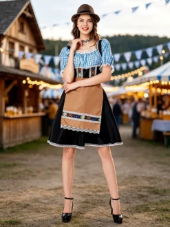 Déguisements pour l'Oktoberfest costumes de fête robe à carreaux rétro bleu ciel pour fille et adulte ensemble Oktoberfest