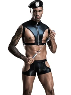 Déguisements Sexy Costumes Policier Homme Ensembles 3 Pièces Top avec Culotte en Cuir Synthétique Vernis Moulant Unicolore à Zip Noir
