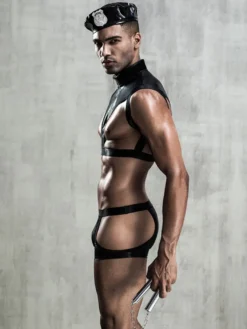 Déguisements Sexy Costumes Policier Homme Ensembles 3 Pièces Top avec Culotte en Cuir Synthétique Vernis Moulant Unicolore à Zip Noir