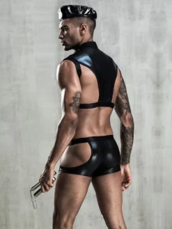 Déguisements Sexy Costumes Policier Homme Ensembles 3 Pièces Top avec Culotte en Cuir Synthétique Vernis Moulant Unicolore à Zip Noir