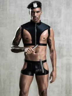 Déguisements Sexy Costumes Policier Homme Ensembles 3 Pièces Top avec Culotte en Cuir Synthétique Vernis Moulant Unicolore à Zip Noir