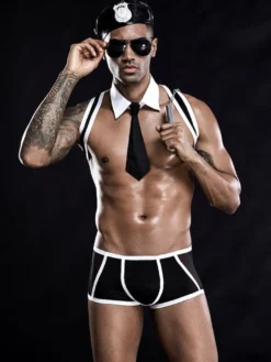 Déguisements Sexy Costumes Policier Homme Ensembles 3 Pièces Top avec Culotte en Mousselines Cousu Bicolores Moulants Transparents Body Combinaisons Sexy