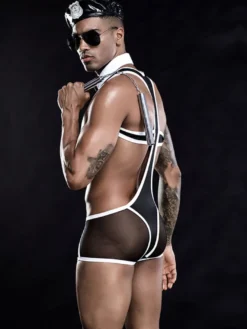 Déguisements Sexy Costumes Policier Homme Ensembles 3 Pièces Top avec Culotte en Mousselines Cousu Bicolores Moulants Transparents Body Combinaisons Sexy