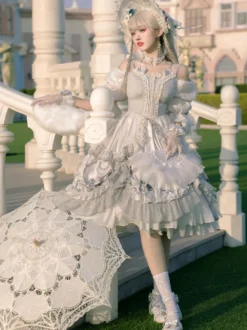 Douce Lolita Mariage OP Robe Imprimé Fleur Gris Claire Lolita Une Pièce Robe
