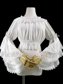 Doux Lolita Blouse Dentelle Ruffle Bow Hime Sleeve Mousseline De Soie Noir Lolita Crop Top Déguisements Halloween