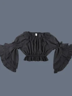 Doux Lolita Blouse Dentelle Ruffle Bow Hime Sleeve Mousseline De Soie Noir Lolita Crop Top Déguisements Halloween