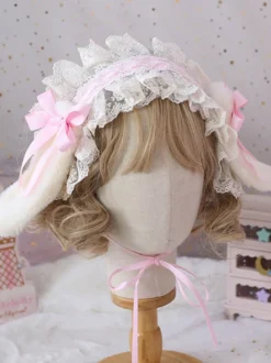 Doux Lolita Coiffe Oreilles de lapin en dentelle Bows Bandeau dentelle Déguisements Halloween
