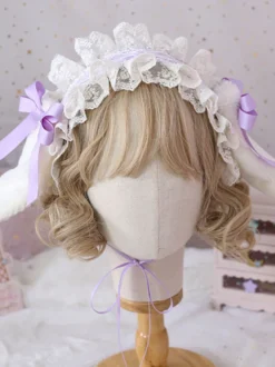 Doux Lolita Coiffe Oreilles de lapin en dentelle Bows Bandeau dentelle Déguisements Halloween