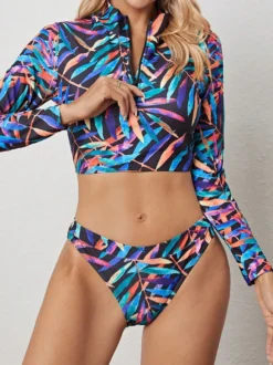 Ensemble bikini deux pièces court à manches longues et demi-zip à motif de feuilles de palmier colorées