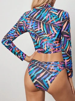 Ensemble bikini deux pièces court à manches longues et demi-zip à motif de feuilles de palmier colorées