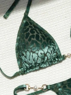 Ensemble bikini léopard pour femme - Haut string à col halter et perles - Idéal pour une pool party estivale sur un yacht (2026)