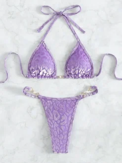 Ensemble bikini léopard pour femme - Haut string à col halter et perles - Idéal pour une pool party estivale sur un yacht (2026)