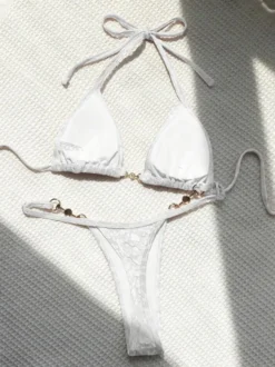 Ensemble bikini léopard pour femme - Haut string à col halter et perles - Idéal pour une pool party estivale sur un yacht (2026)