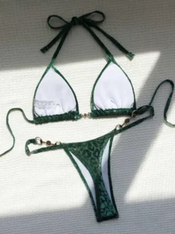 Ensemble bikini léopard pour femme - Haut string à col halter et perles - Idéal pour une pool party estivale sur un yacht (2026)