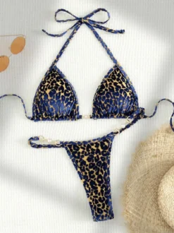 Ensemble bikini léopard pour femme - Haut string à col halter et perles - Idéal pour une pool party estivale sur un yacht (2026)