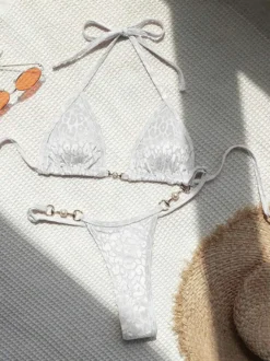 Ensemble bikini léopard pour femme - Haut string à col halter et perles - Idéal pour une pool party estivale sur un yacht (2026)