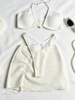 Ensemble bikini 3 pièces blanc crème texturé haut dos nu à nouer jupe string échancrée maillot de bain de plage