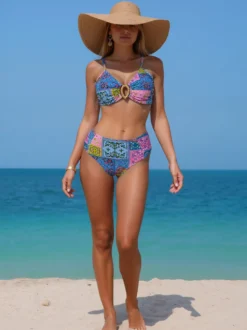Ensemble bikini push-up à imprimé floral multicolore pour femme - Haut à anneaux sur le devant et bas échancré maillot de bain 2 pièces - Été 2026