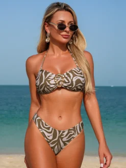 Ensemble bikini push-up pour femme - Haut bandeau imprimé zèbre à anneaux sur le devant bas échancré maillot de bain 2 pièces - Été Plage 2026