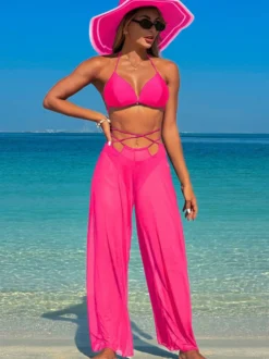 Ensemble bikini simple et pantalon de plage transparent 3 pièces pour l'été 2026