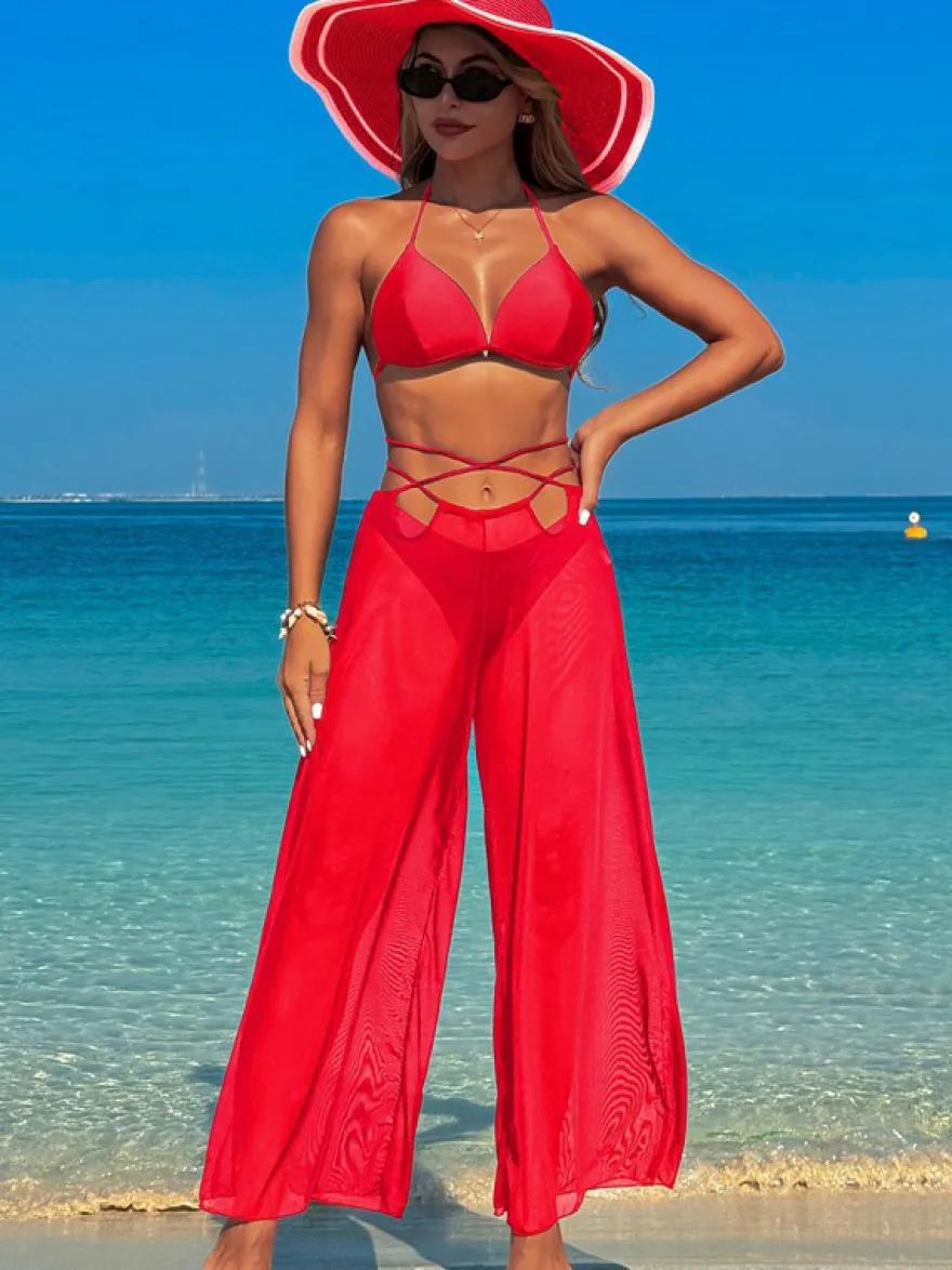 Ensemble bikini simple et pantalon de plage transparent 3 pièces pour l'été 2026