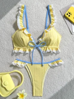 Ensemble bikini à volants pour femme - Maillot de bain deux pièces sexy style cottagecore avec bordure en dentelle - Vacances d'été à la plage 2026