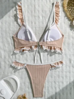 Ensemble bikini à volants pour femme - Maillot de bain deux pièces sexy style cottagecore avec bordure en dentelle - Vacances d'été à la plage 2026