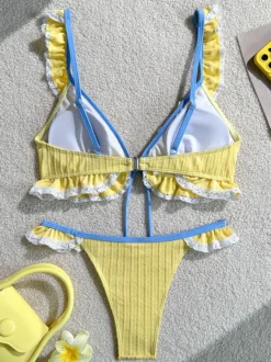 Ensemble bikini à volants pour femme - Maillot de bain deux pièces sexy style cottagecore avec bordure en dentelle - Vacances d'été à la plage 2026