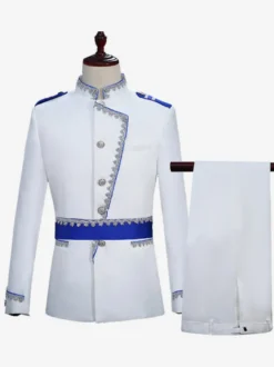 Ensemble blanc vintage rétro en polyester avec boutons et volants blocs de couleurs manches longues costumes rétro pour homme