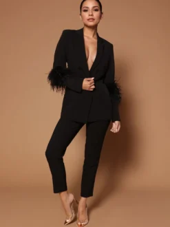 Ensemble Blazer Pantalon Noir Sexy Party Plumes