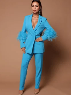 Ensemble Blazer Pantalon Noir Sexy Party Plumes
