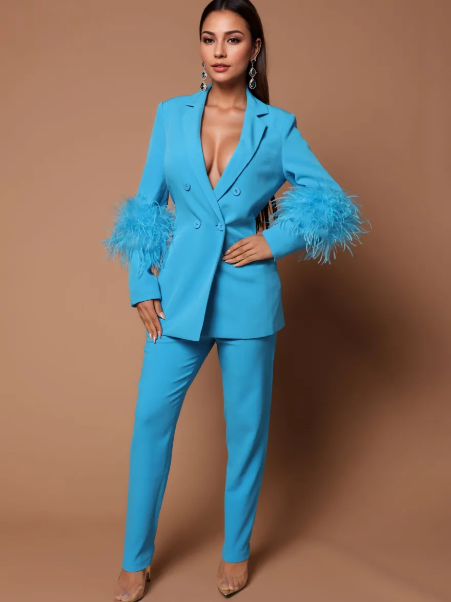 Ensemble Blazer Pantalon Noir Sexy Party Plumes