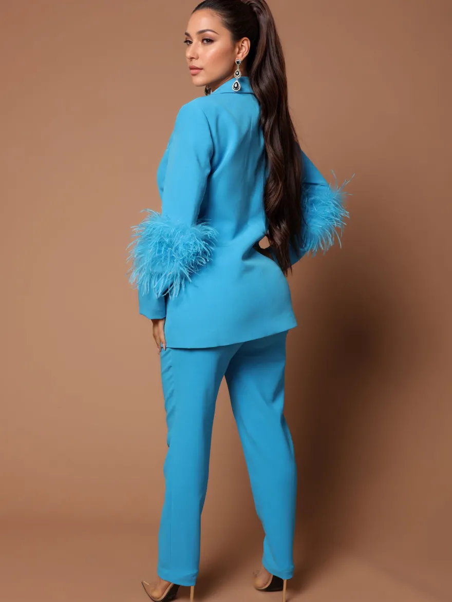 Ensemble Blazer Pantalon Noir Sexy Party Plumes