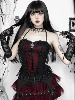 Ensemble caraco gothique Lolita en dentelle et jupe courte en maille costume de cosplay d'Halloween Dark Series