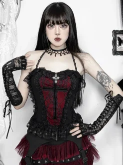Ensemble caraco gothique Lolita en dentelle et jupe courte en maille costume de cosplay d'Halloween Dark Series