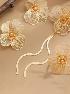 Ensemble de bijoux en filigrane floral : boucles d'oreilles pendantes florales collier long ajustable bague ouverte (4 pièces)