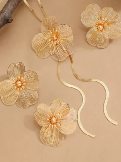 Ensemble de bijoux en filigrane floral : boucles d'oreilles pendantes florales collier long ajustable bague ouverte (4 pièces)