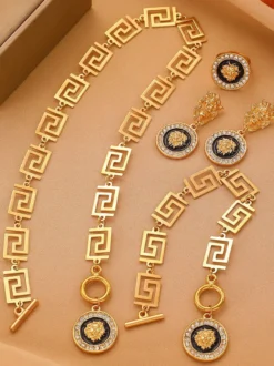 Ensemble de bijoux vintage à médaillon tête de lion motif géométrique grec chaîne collier boucles d'oreilles bague et bracelet 4 pièces