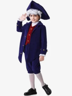 Ensemble de costumes de vacances rétro pour enfants bleu foncé avec pantalon et chapeau