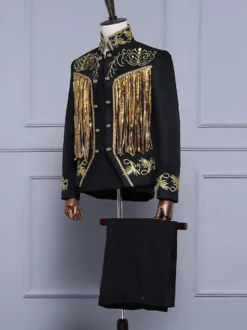 Ensemble de costumes rétro pour homme noir vintage boutons franges manches longues